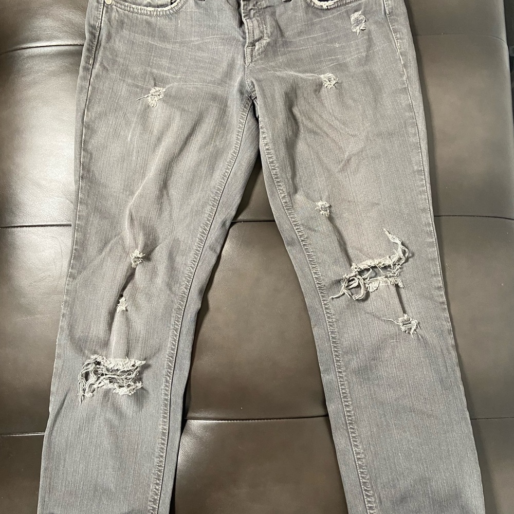 Gray, distressed, skinny jeans.